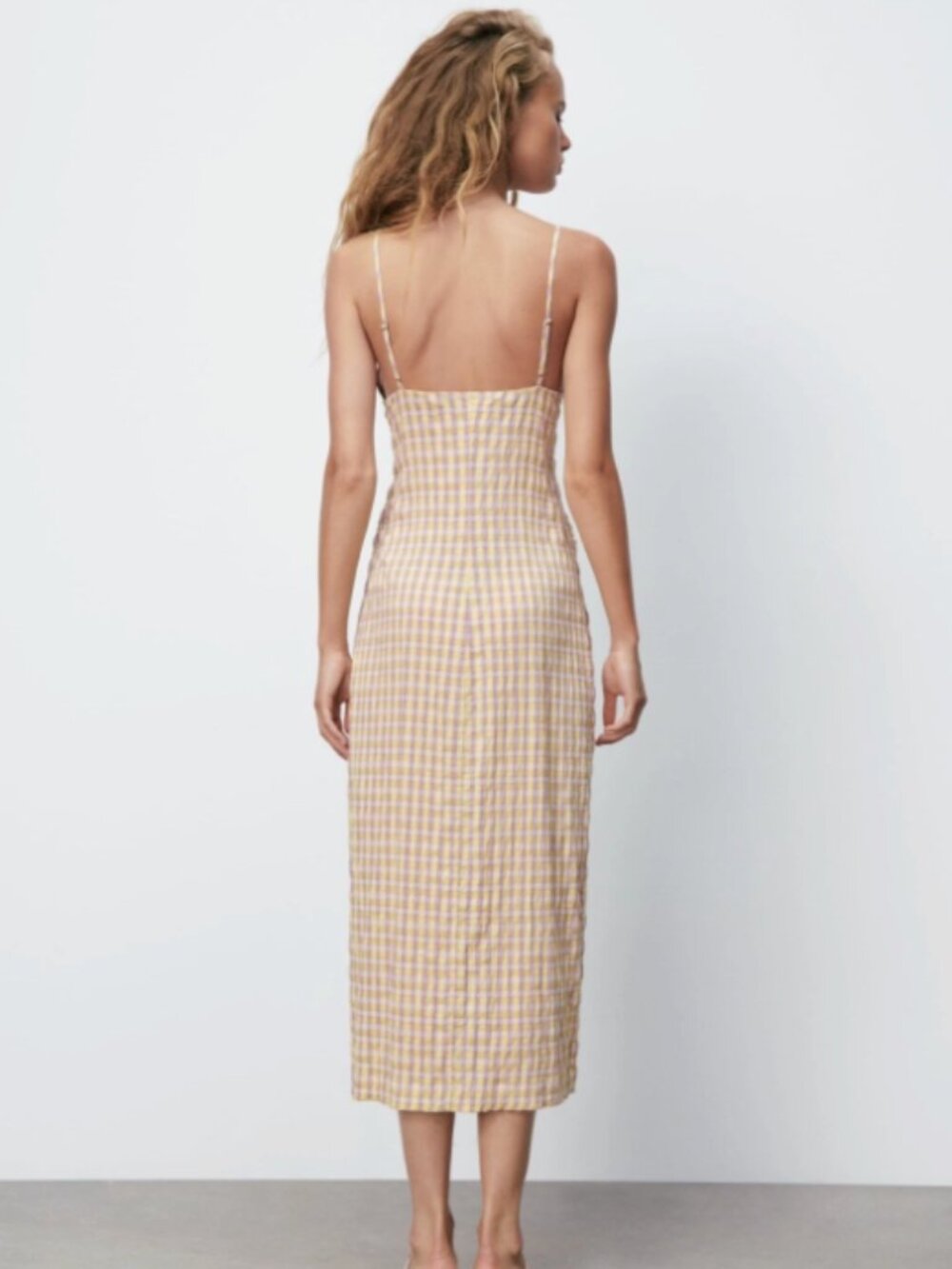Zara Biege Gingham Midi Dress S - Picture 2 of 7